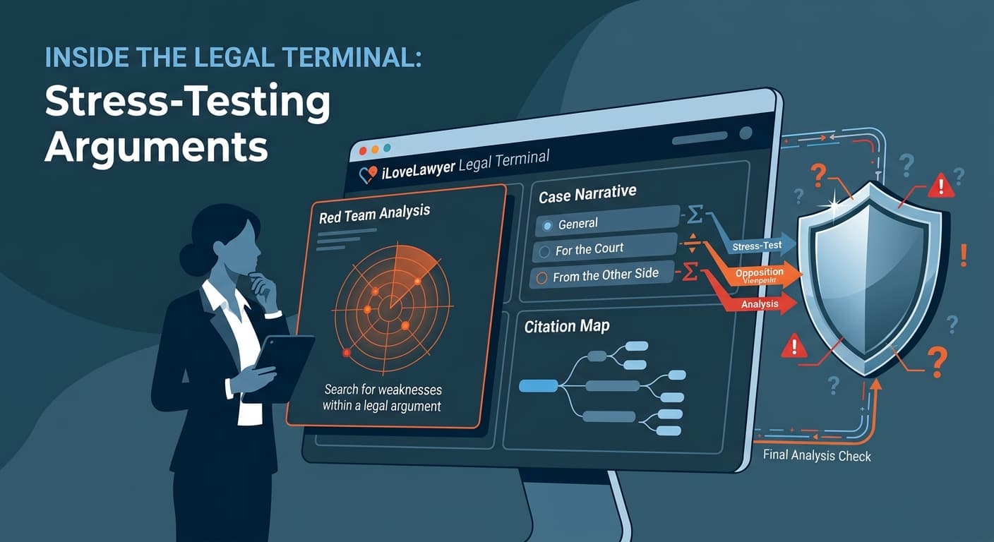 Stress-Testing an Argument: Inside ilovelawyer's Legal Terminal and Red Team Pane